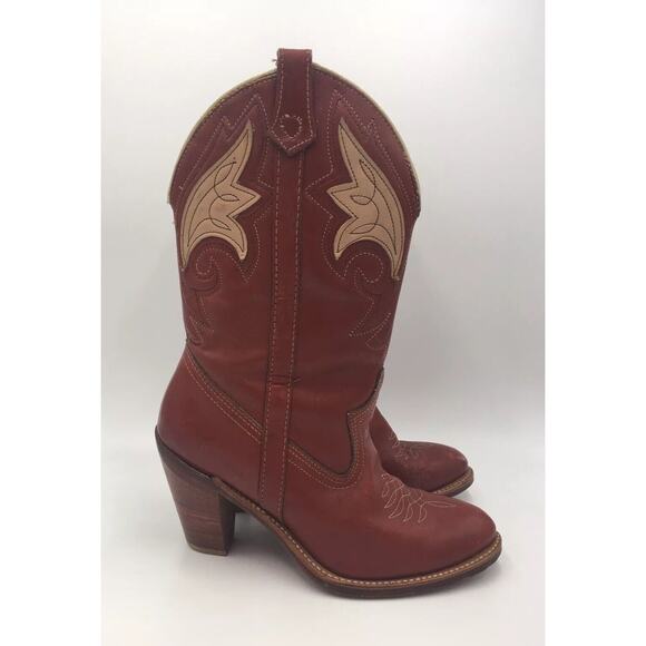 VTG Circle A Acme Tooled Leather Inlay Cowboy Boots Tulip Flower cowgirl Sz 7 - Picture 2 of 8